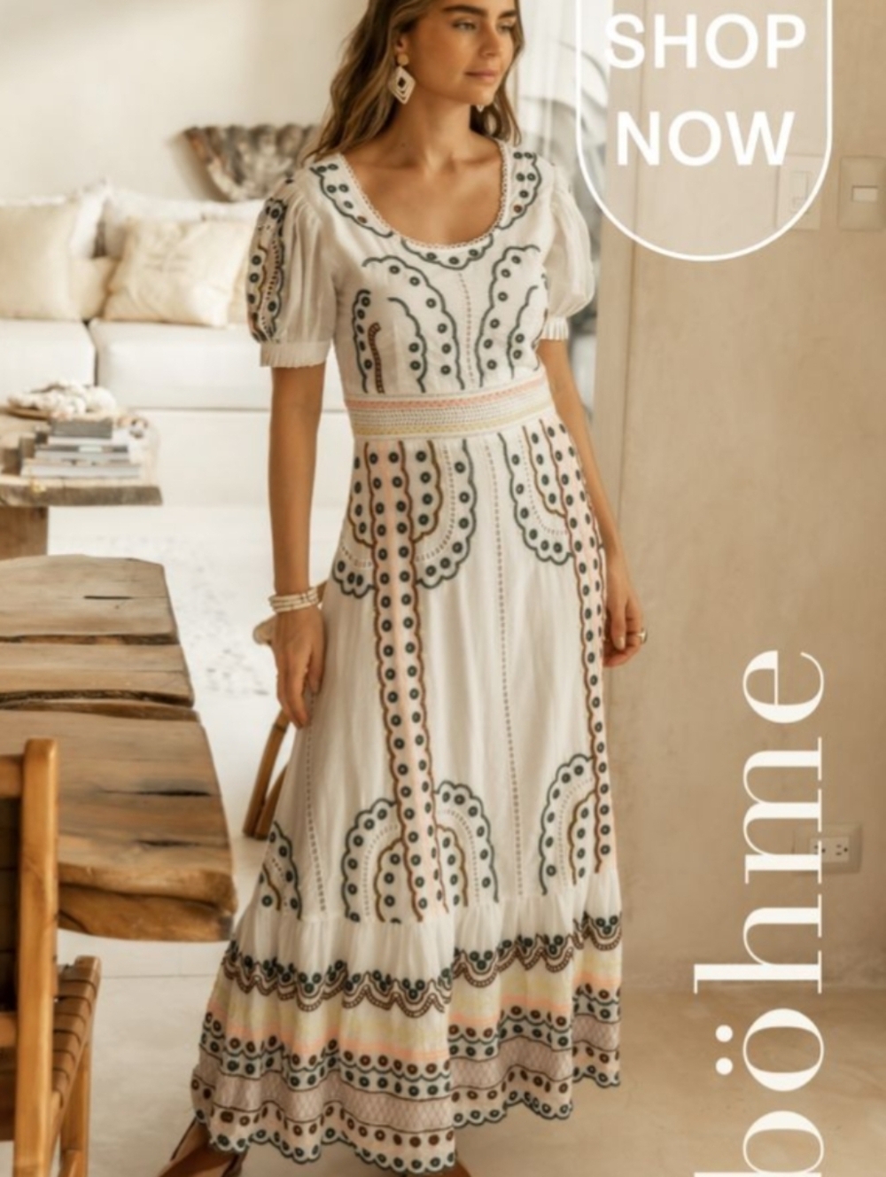 White Embroidered Maxi Dress with Pastel Accents